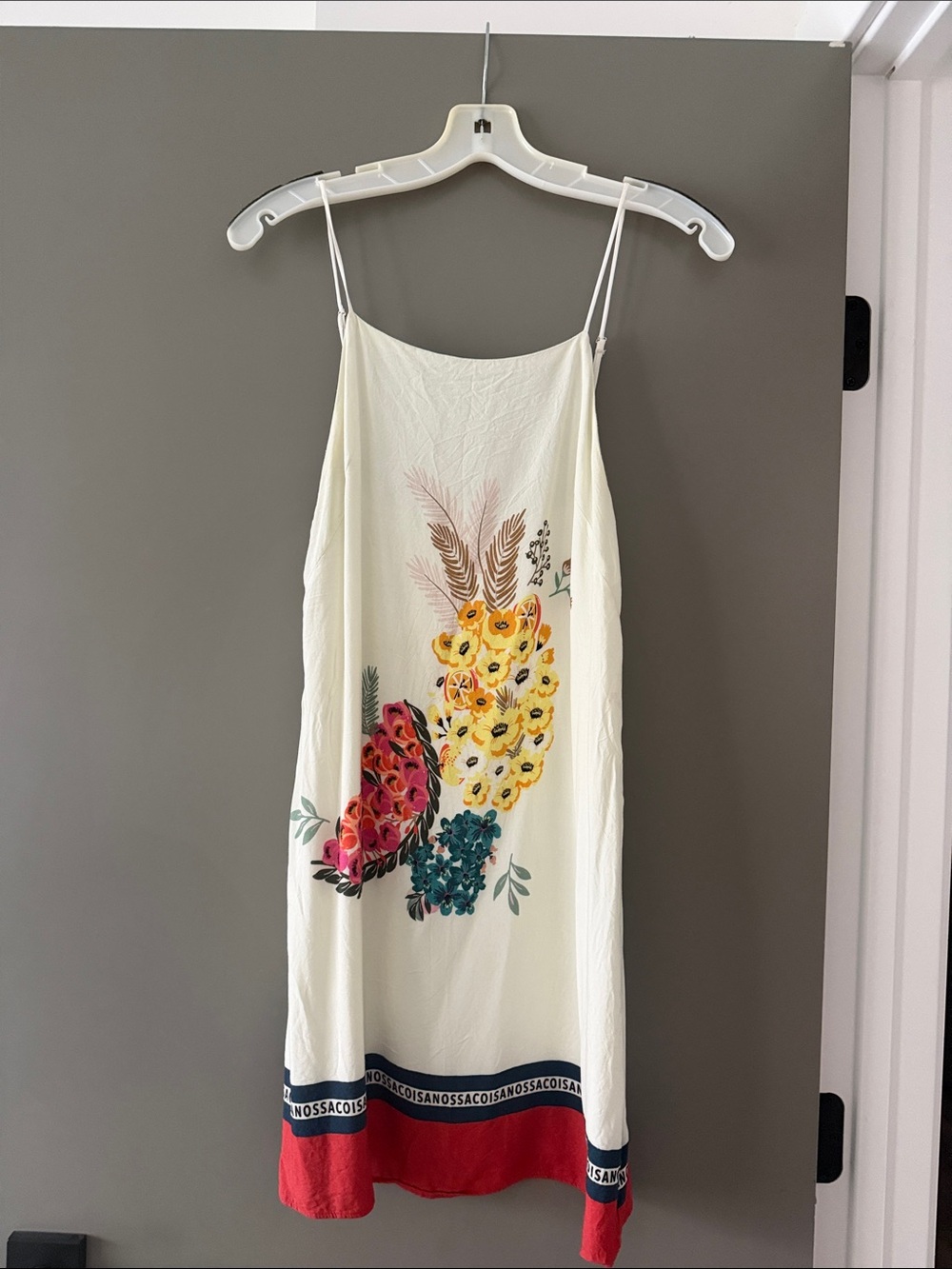 FARM Rio Cream Midi Slip Dress with Multicolor Floral and Red Hem
